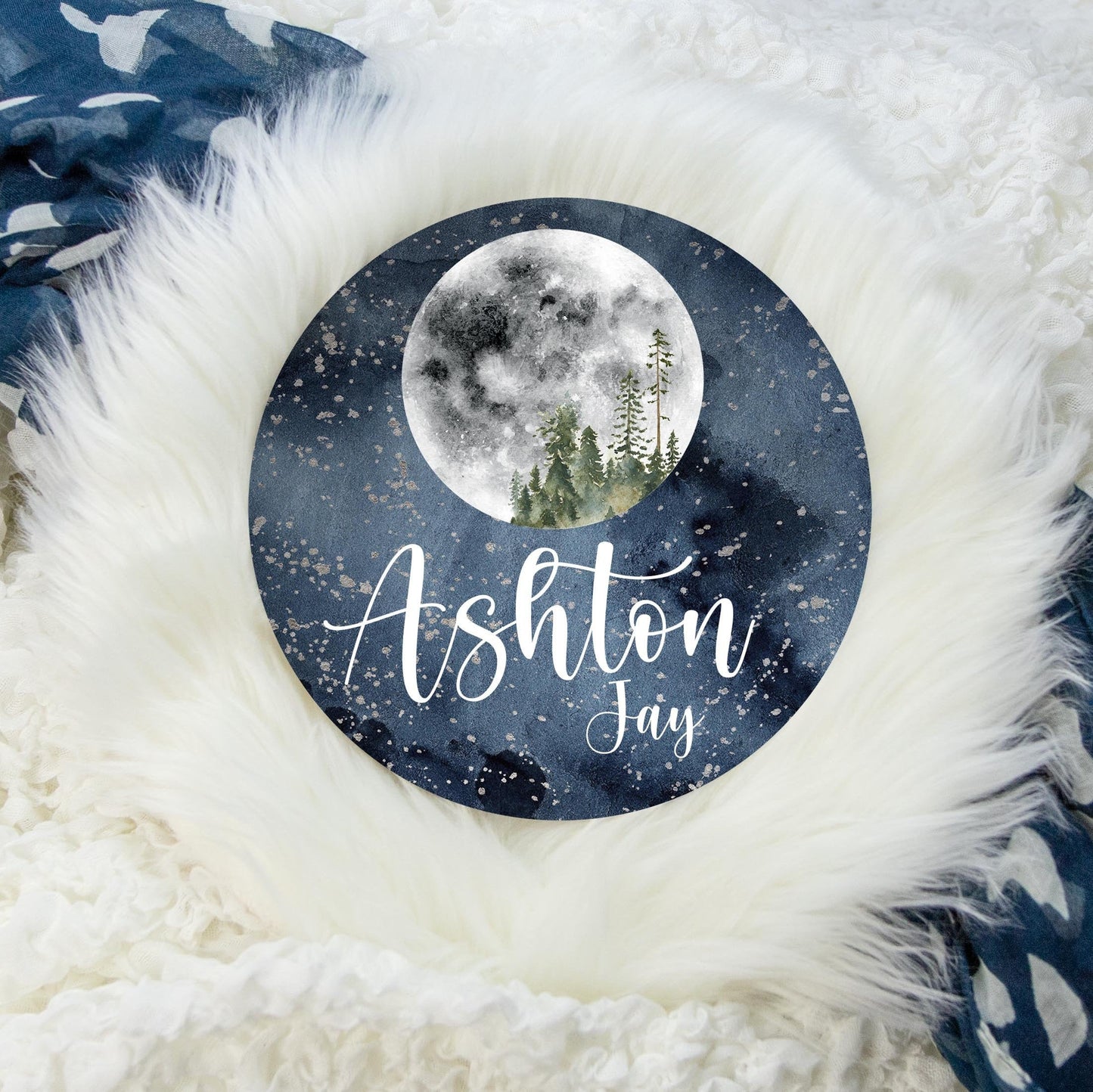 Moon Stars Round Wood Name Sign, Full Moon T6