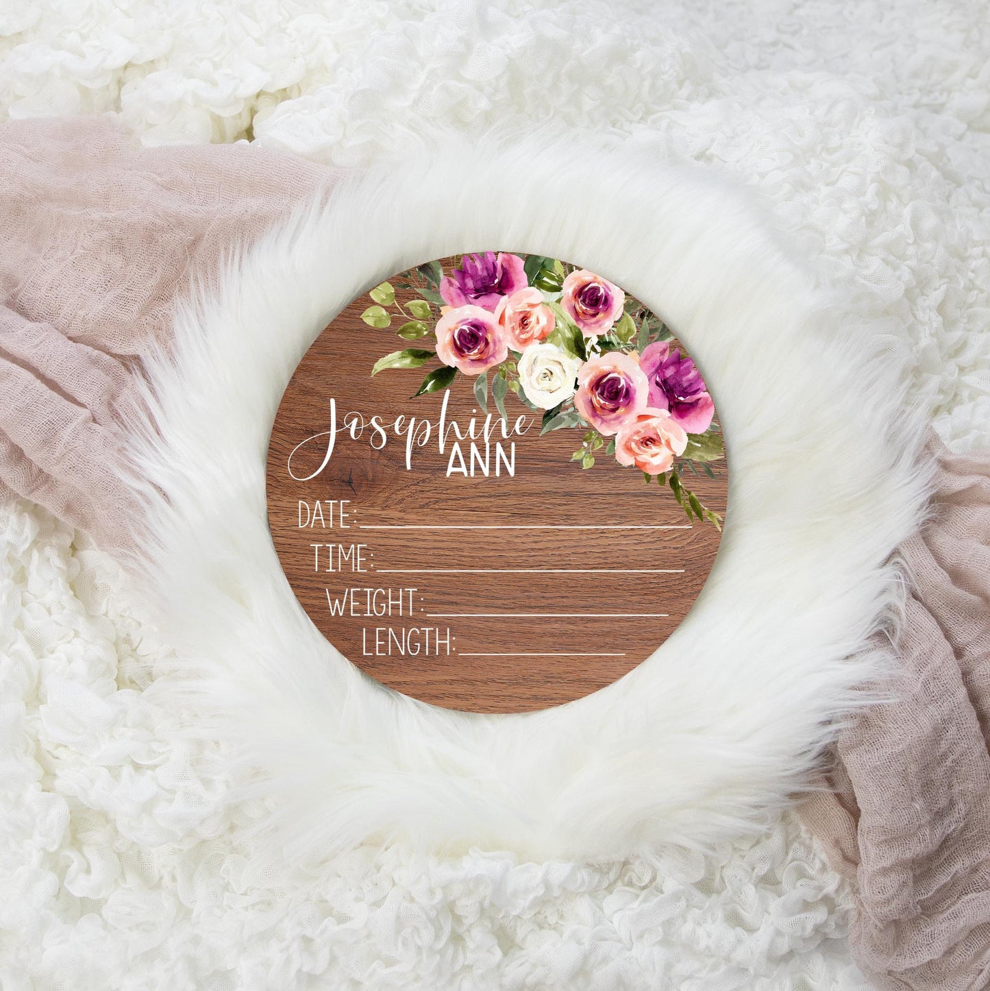 Girl Pink and Purple Floral Wood Birth Stat Sign F37