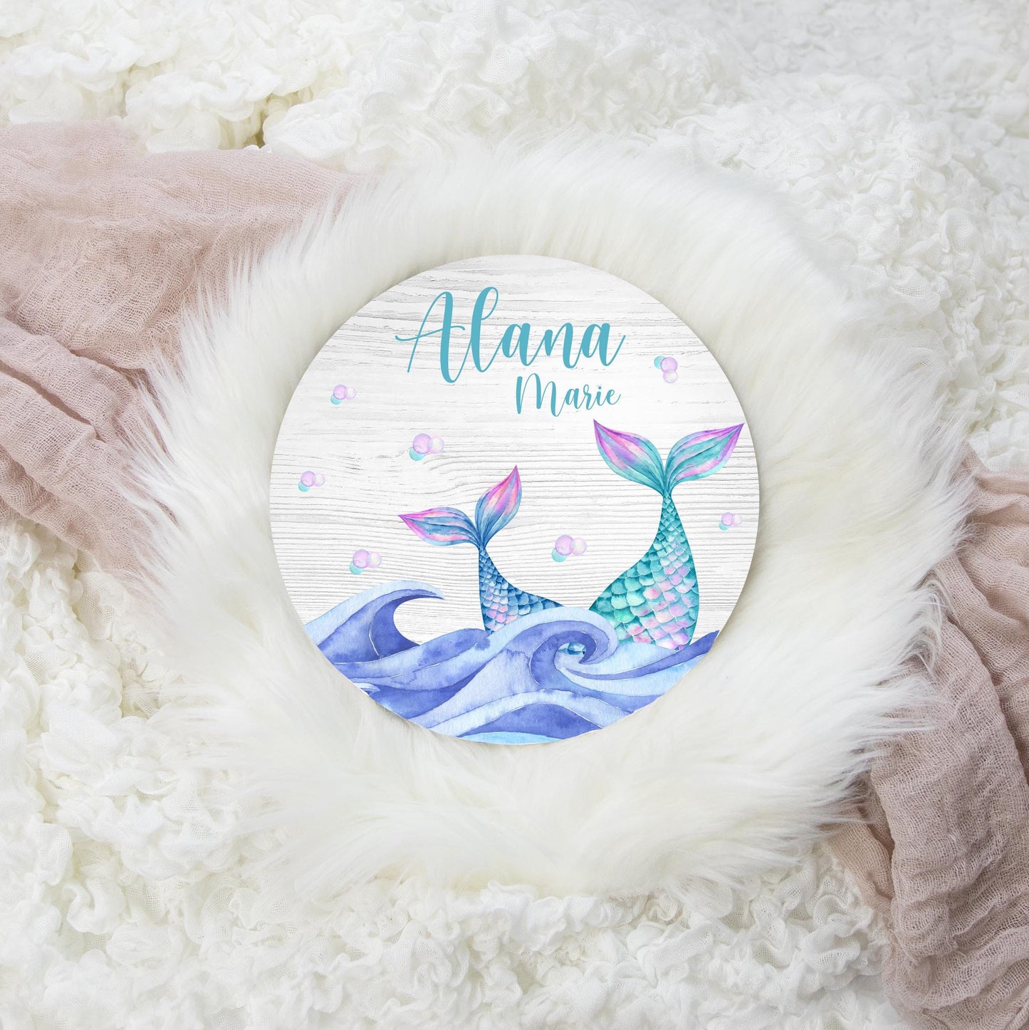 Mermaid Round Wood Name Sign, Ocean Life O4