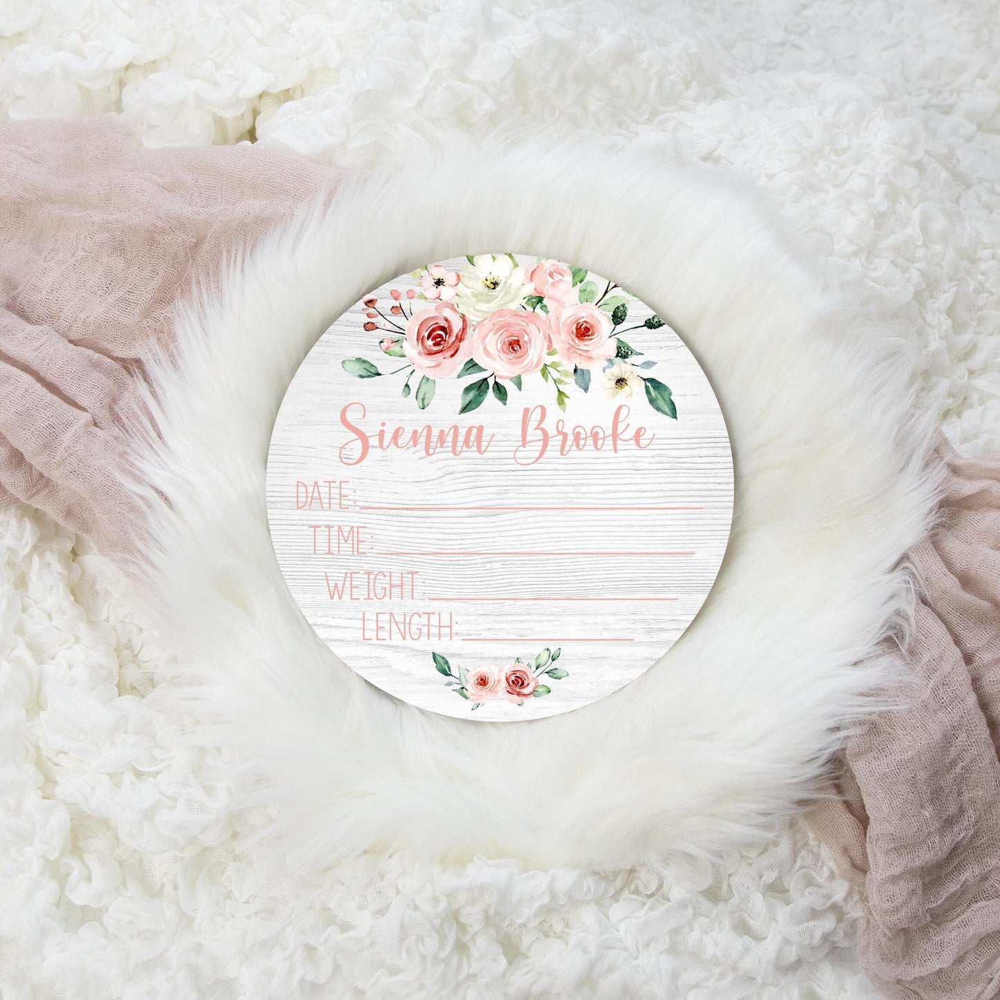Girl Blush and Peach Floral Wood Birth Stat Sign