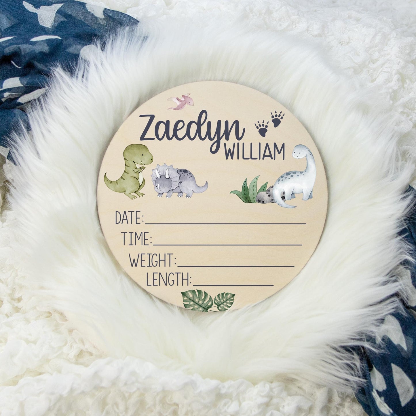 Dinosaur Round Wood Birth Stat Sign, B23