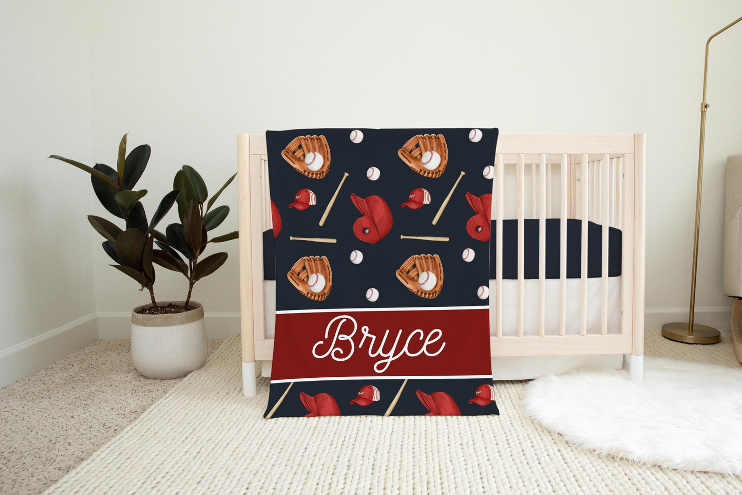 Personalized Baseball Baby Blanket, Sports Nursery B35