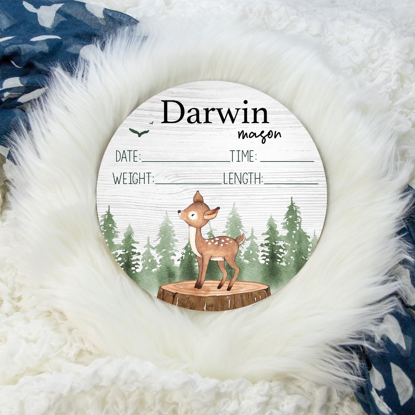 Woodland Deer Wood Birth Stat Sign, W40
