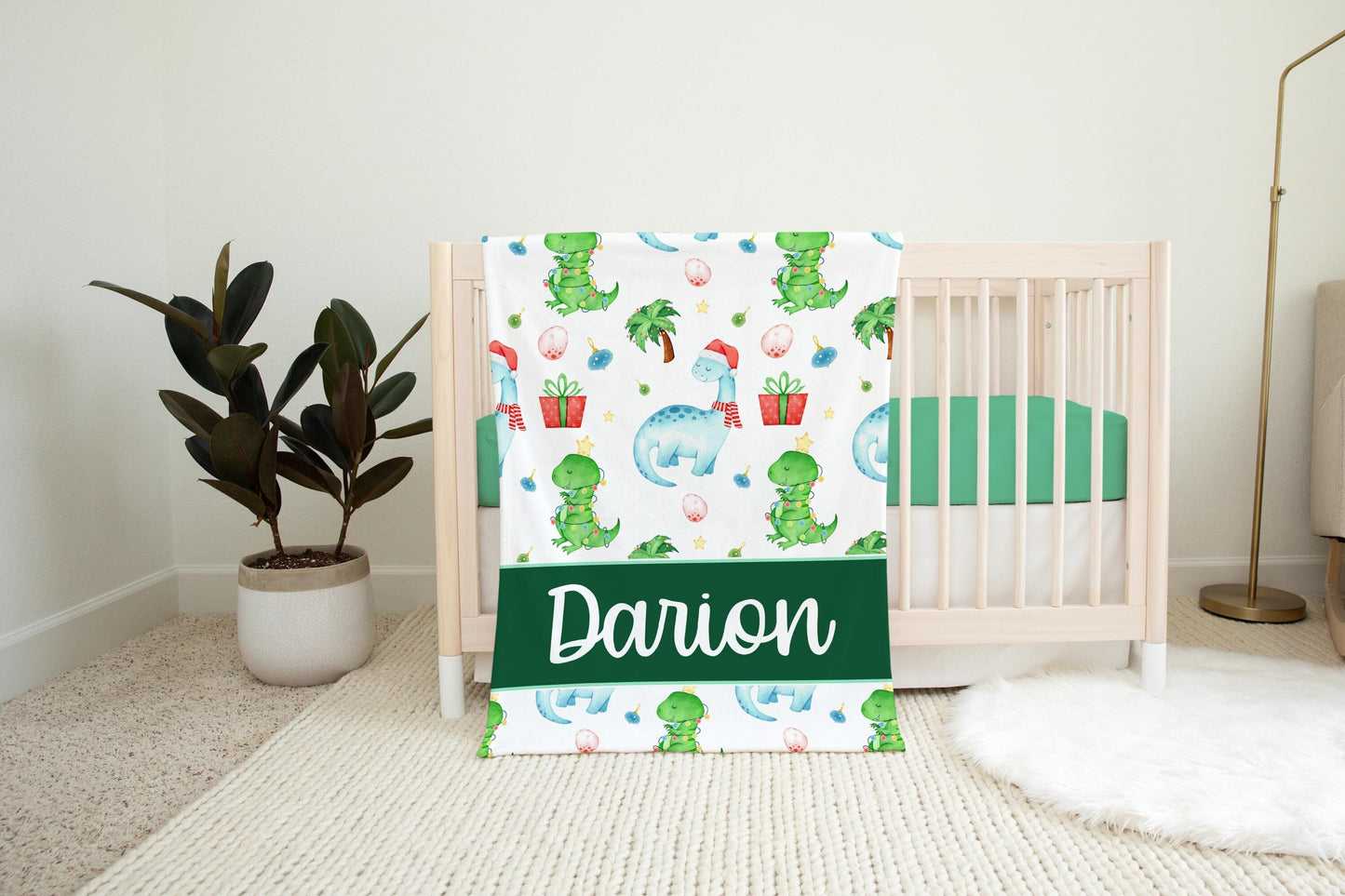 Personalized Dinosaur Christmas Baby Blanket
