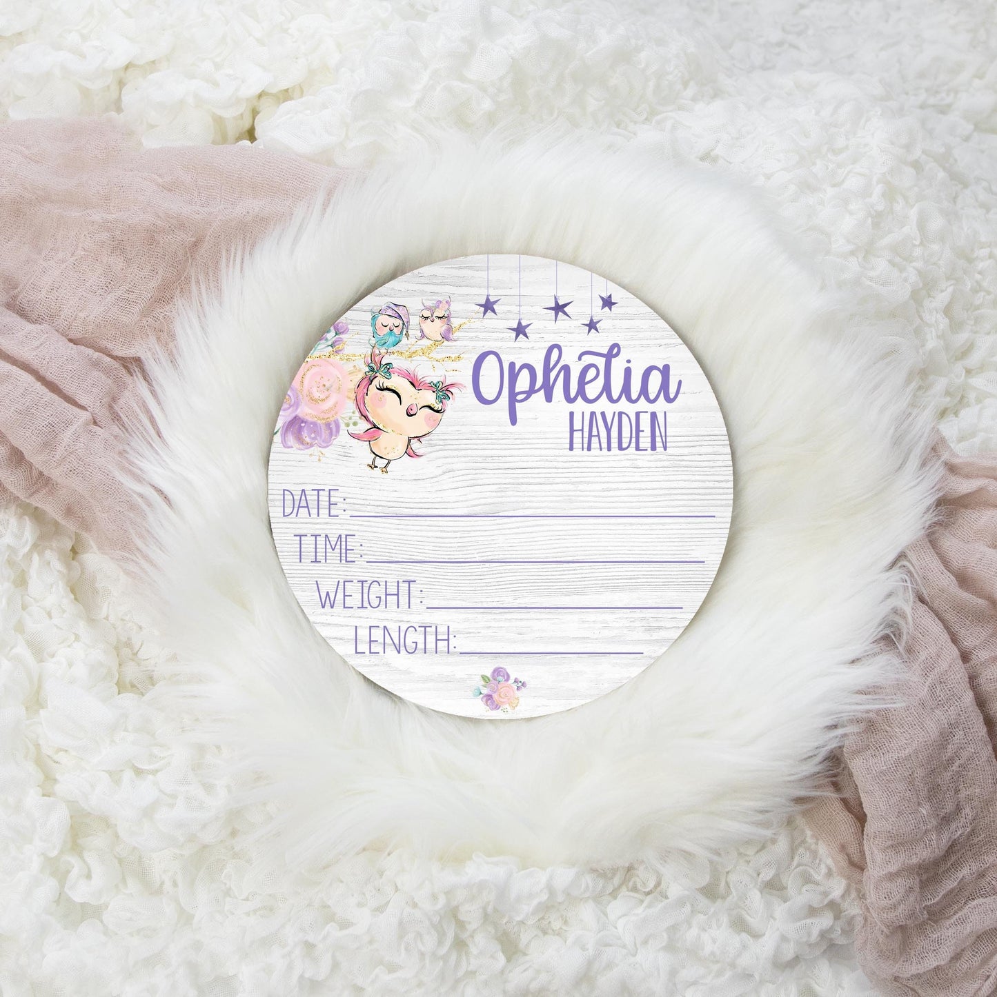 Owl Round Wood Birth Stat Sign, Girl W20