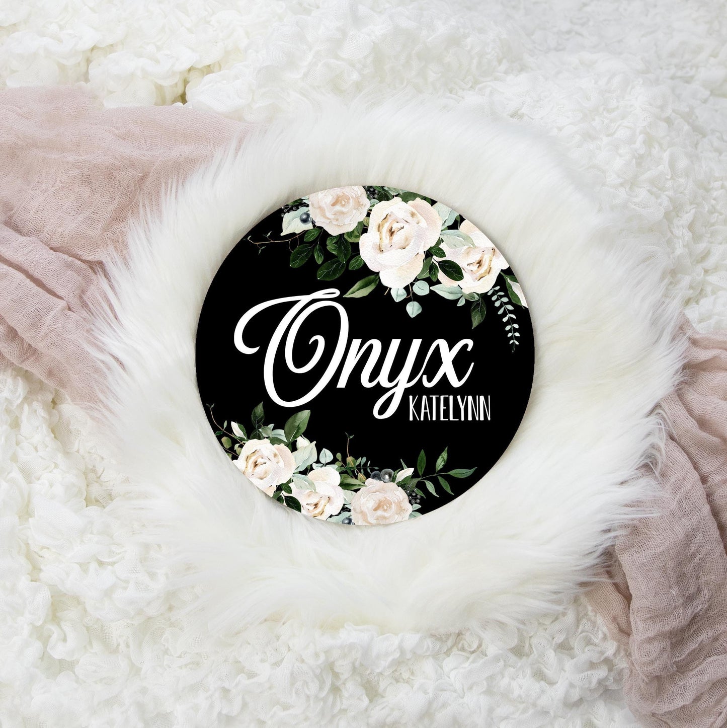 White Rose Floral Round Wood Name Sign, Black and White Nursery F82