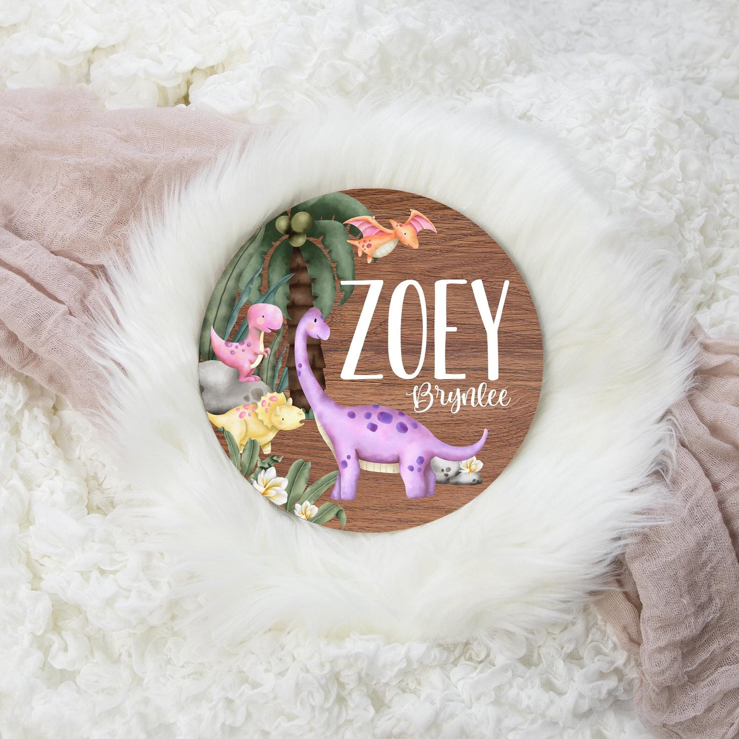 Girl Dinosaur Round Wood Name Sign, G43