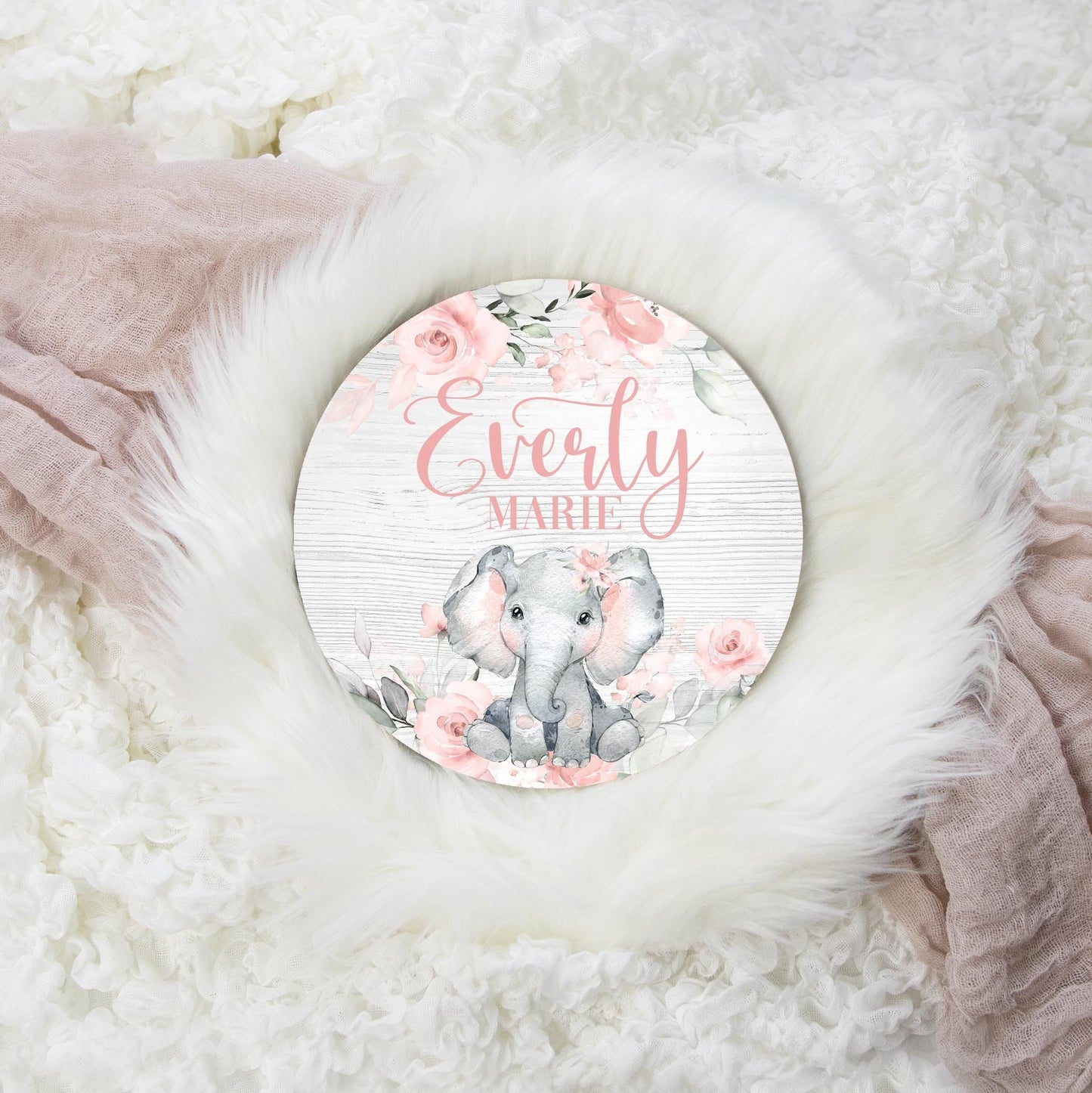 Girl Elephant Wood Name Sign, Pink Roses S52