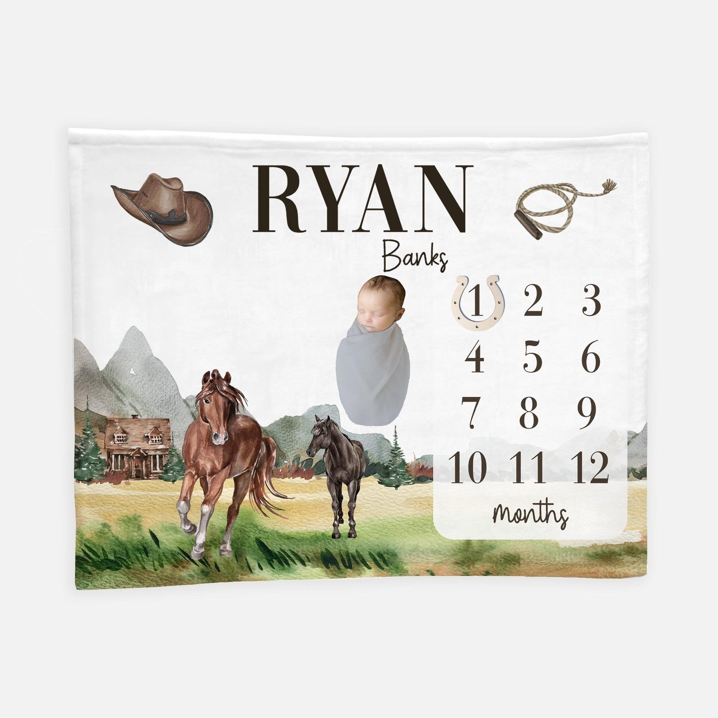 Cowboy Mountain Horse Baby Milestone Blanket, C36