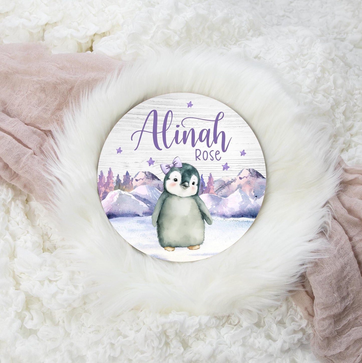 Girl Penguin Round Wood Name Sign, Arctic G53