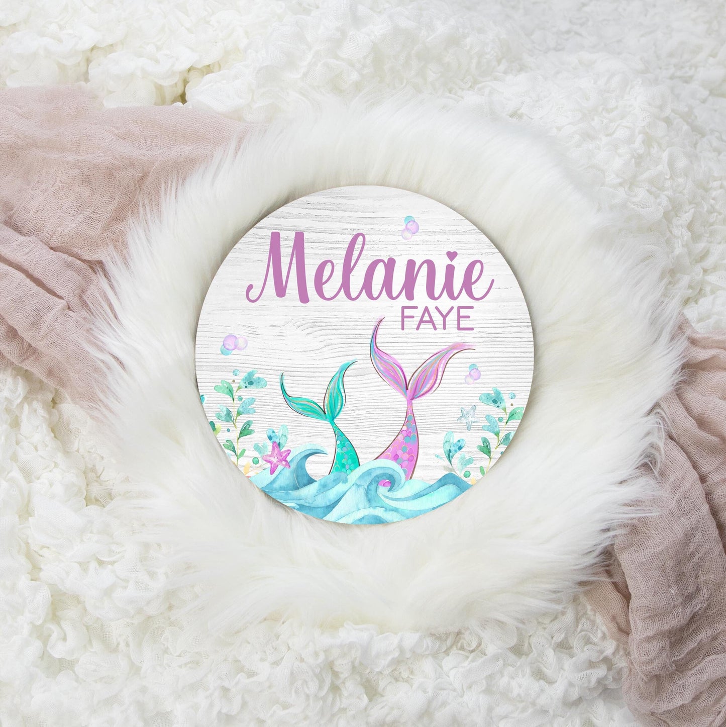 Mermaid Round Wood Name Sign, Ocean Life 34