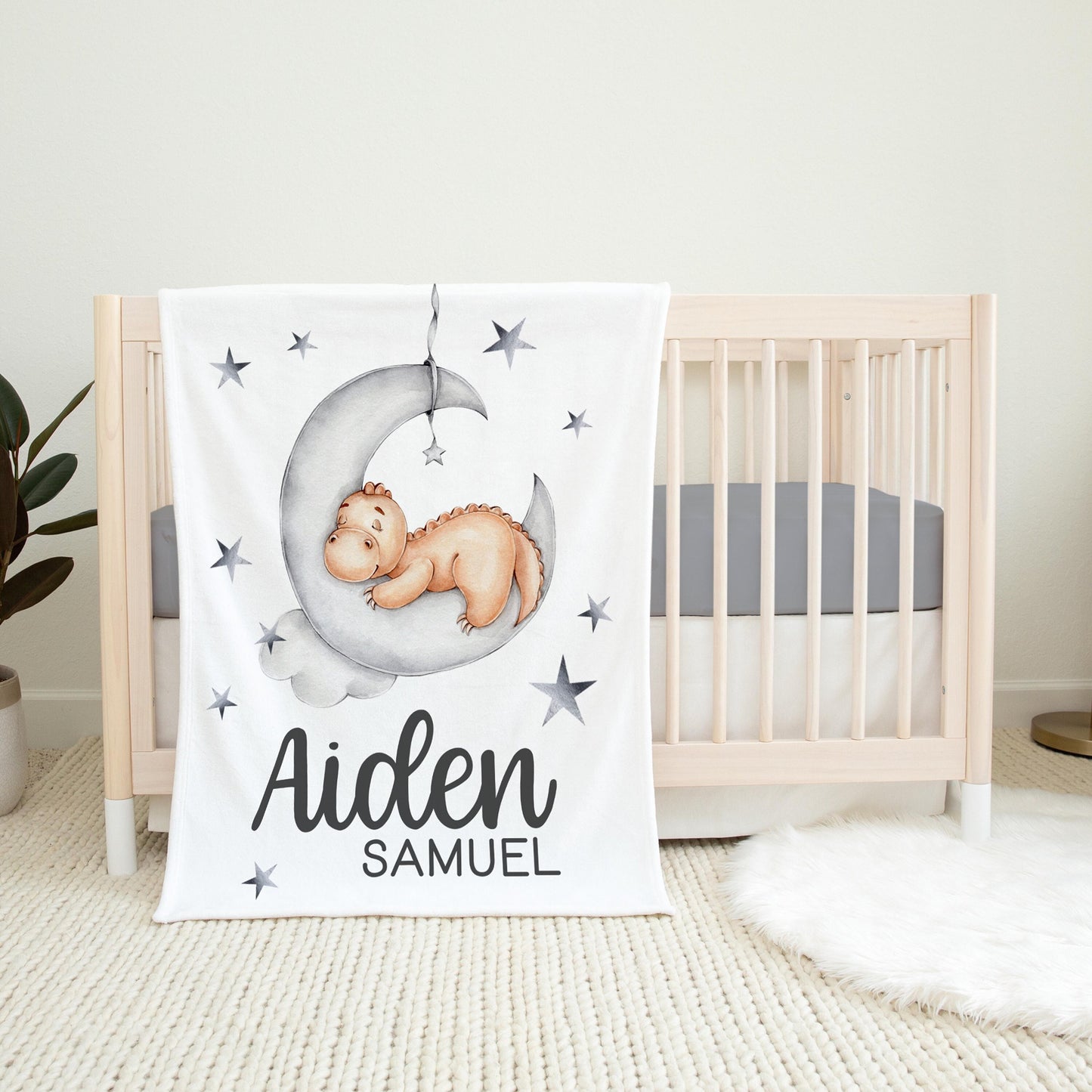 Dinosaur Personalized Moon and Stars Baby Blanket, B63