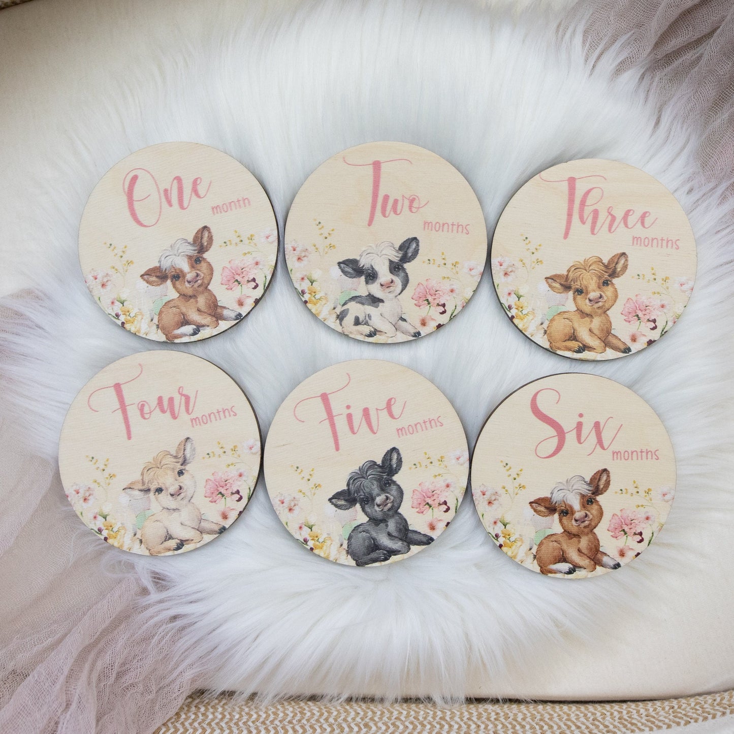Pink Floral Cow Milestone Wooden Cards C38