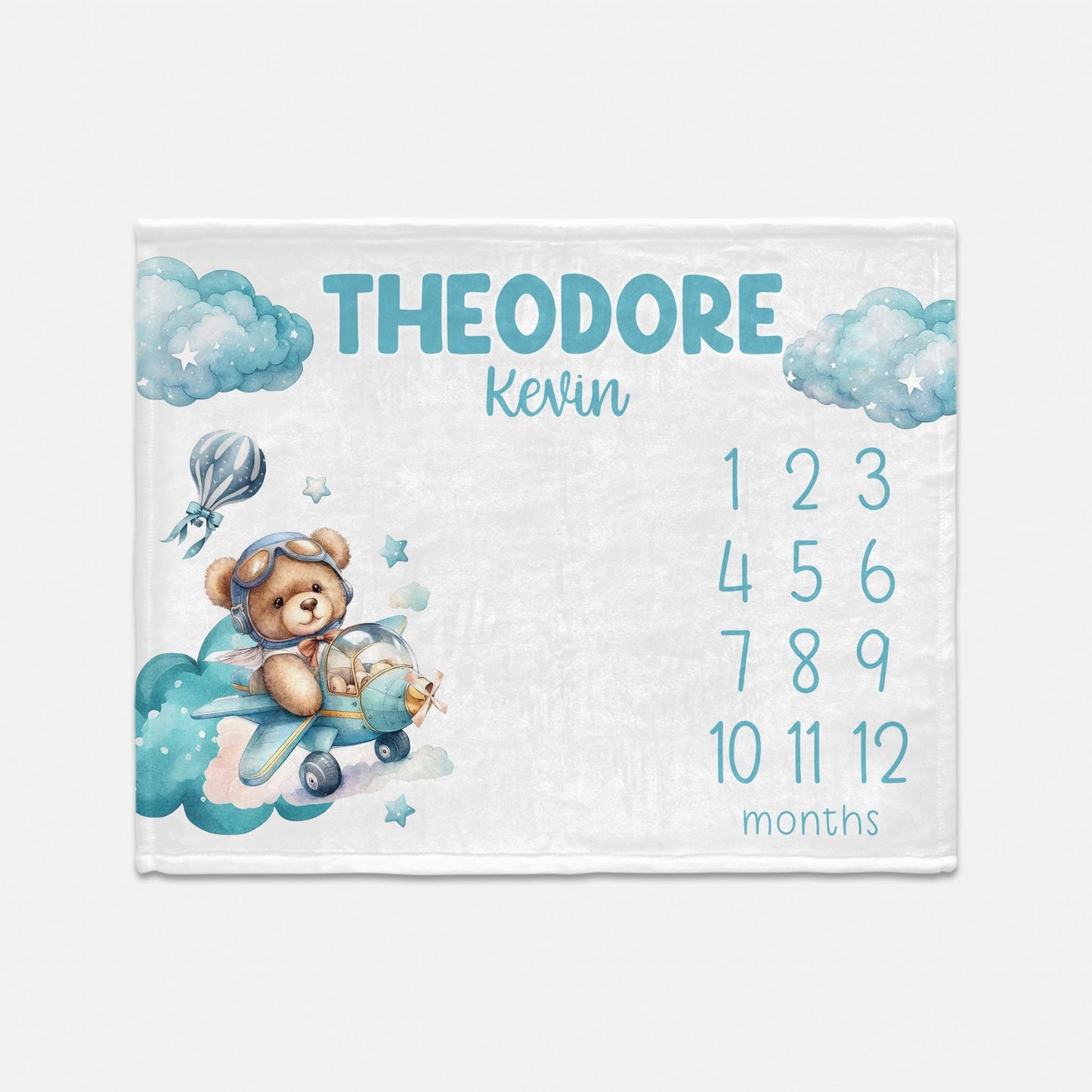 Boy Bear Pilot and Airplane Baby Milestone Blanket, T62