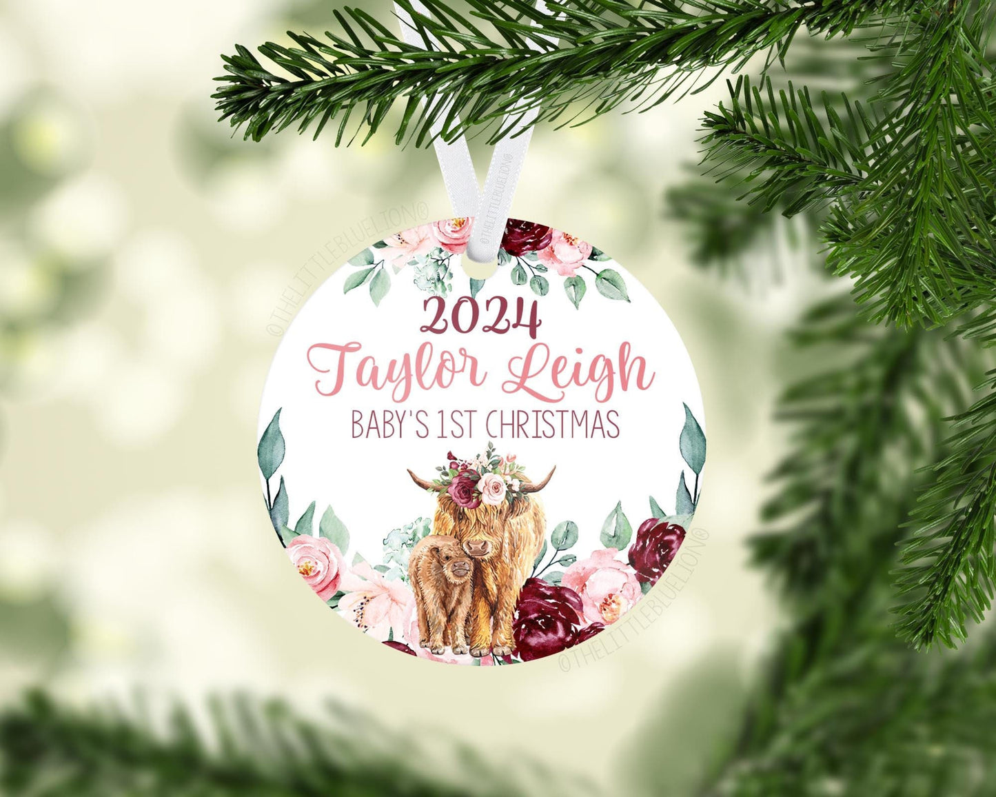 Girl Highland Cow Baby 1st Christmas Ornament, C19