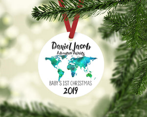 Adventure Awaits Baby First Christmas Ornament, World Map Baby Ornament, T5