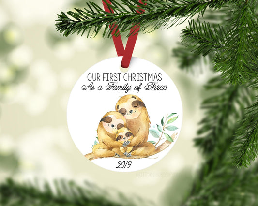 Sloth First Christmas As A Family Of Three Ornament