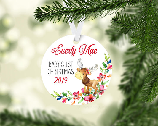 Girl Moose Baby First Christmas Ornament