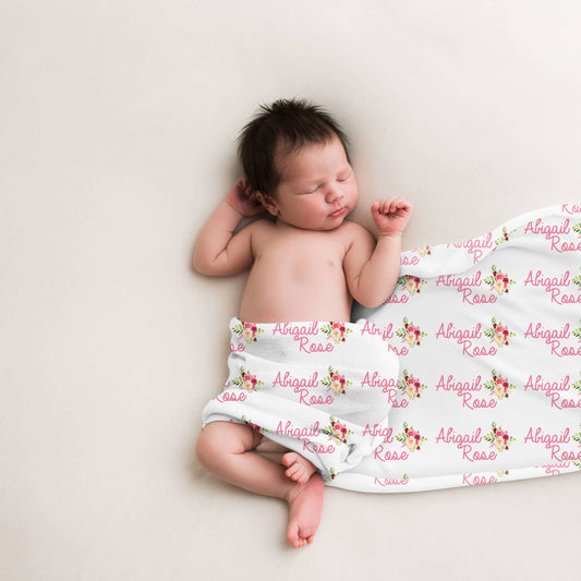 Personalized Pink Floral Baby Swaddle Blanket, Girl