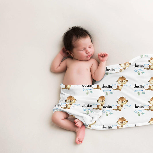 Boy Otter Personalized Baby Swaddle Blanket, O11