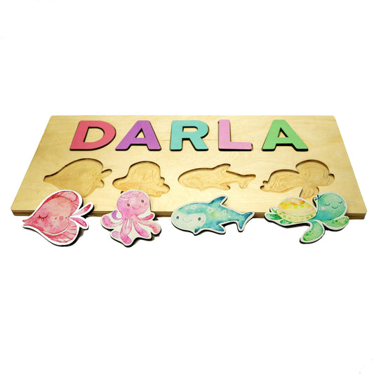 Ocean Life Wood Name Puzzle, Fish Octopus Shark Turtle