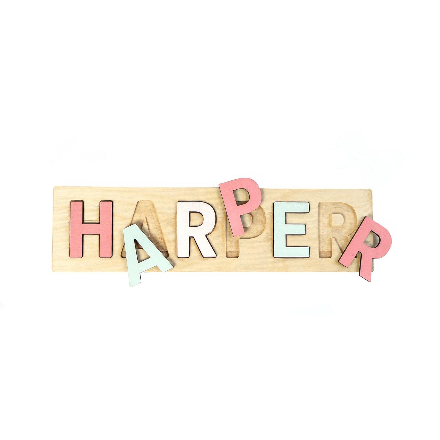 Mint and Coral Wood Name Puzzle, Girl