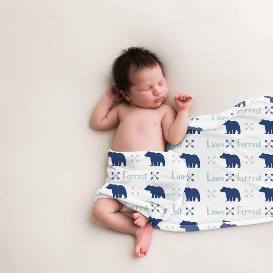 Navy and Mint Bear Mountain Baby swaddle Blanket, M15