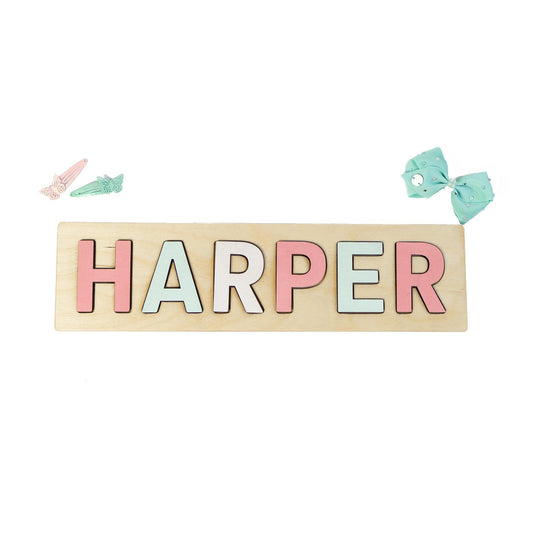 Mint and Coral Wood Name Puzzle, Girl