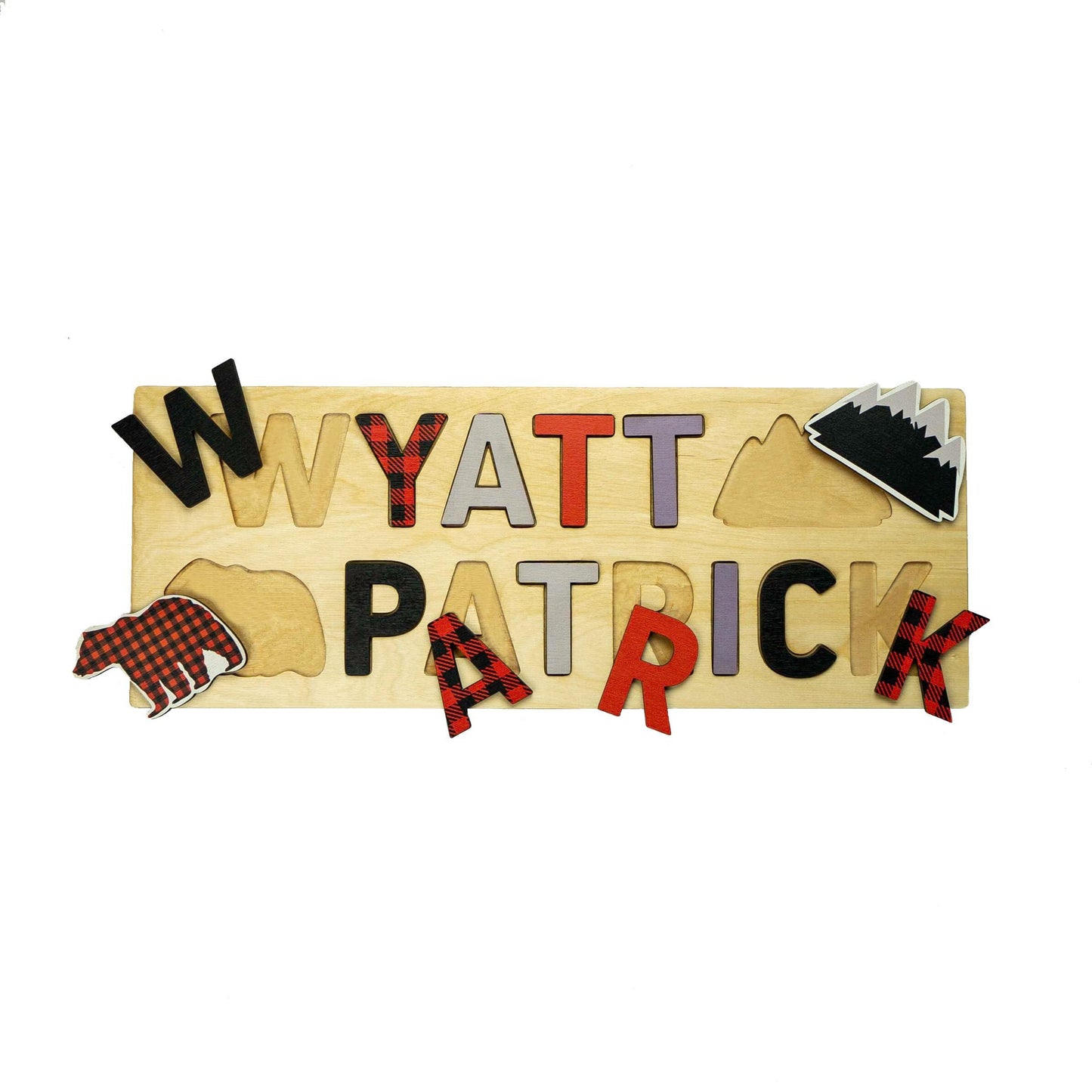 Mountain and Bear Wooden Name Puzzle, Mint and Navy