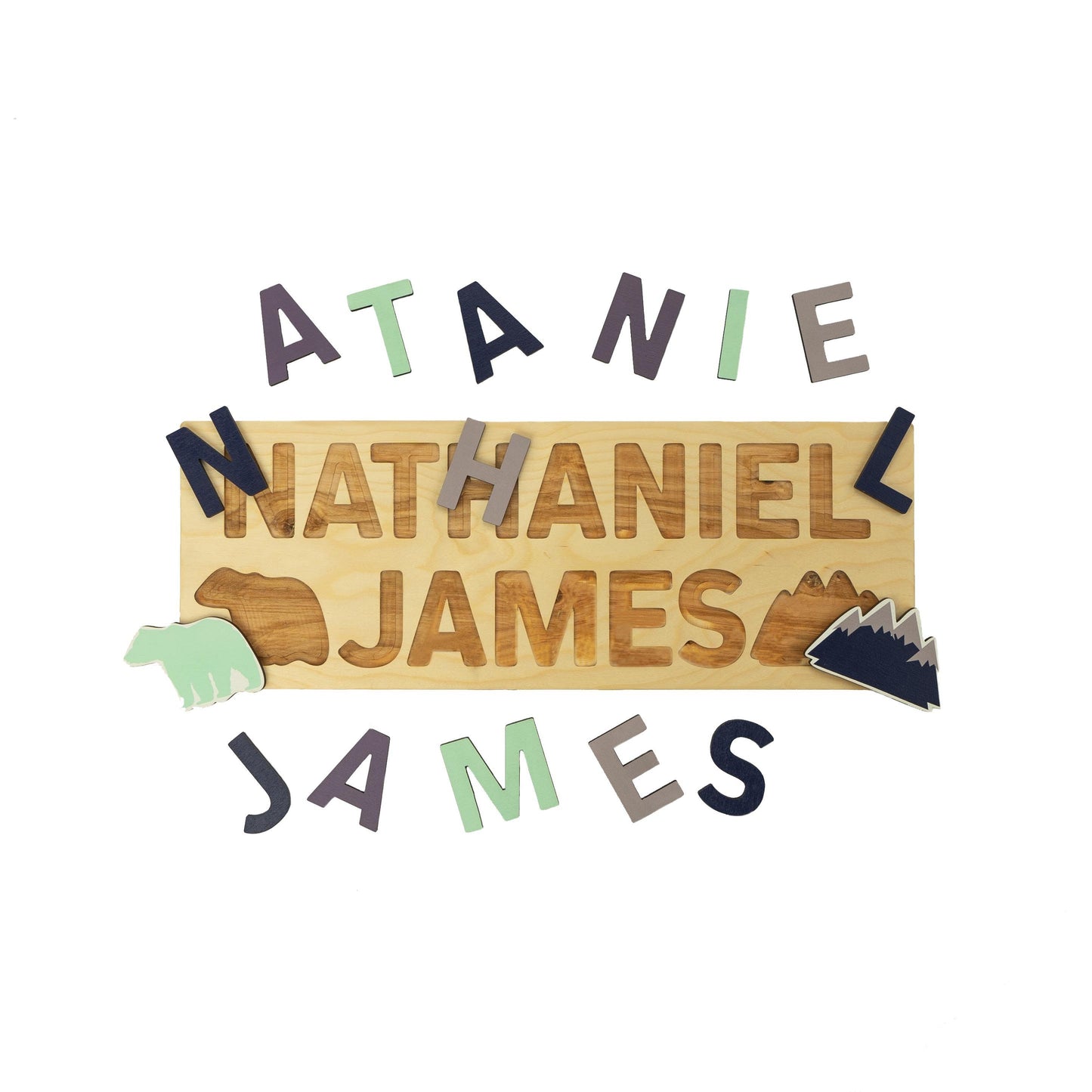 Mountain and Bear Wooden Name Puzzle, Mint and Navy