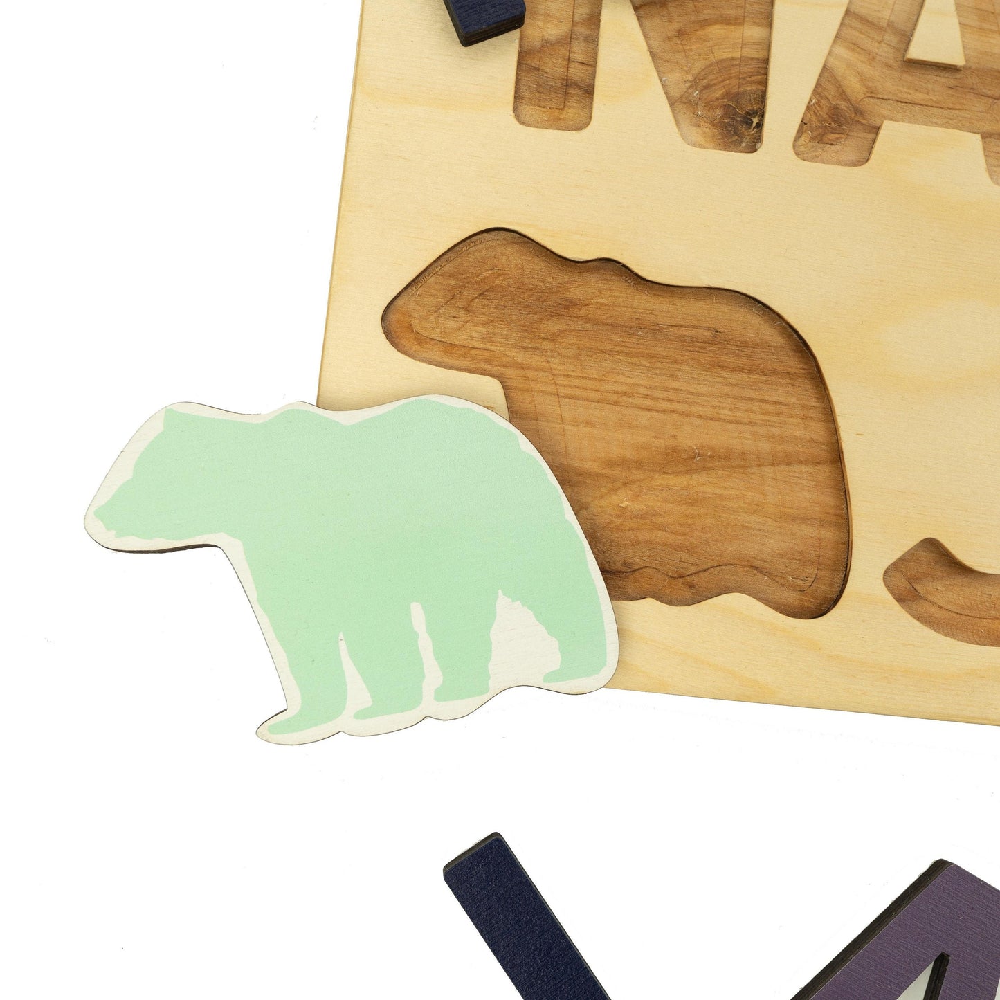 Mountain and Bear Wooden Name Puzzle, Mint and Navy