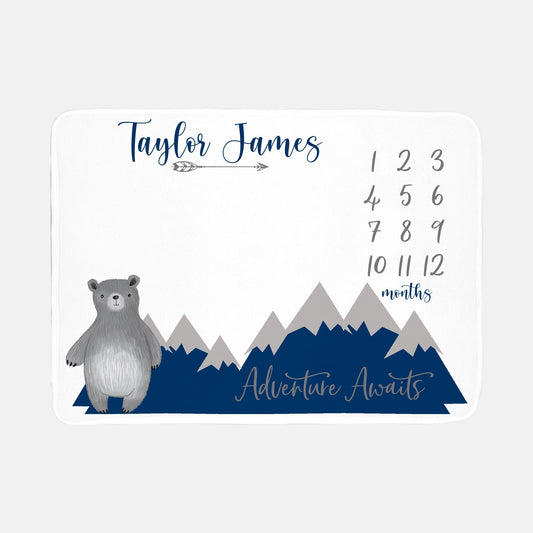 Mountain Bear Baby Milestone Blanket, Adventure Awaits Navy Gray