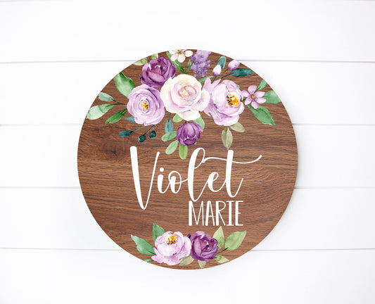 Violet Floral Round Wood Name Sign, F21