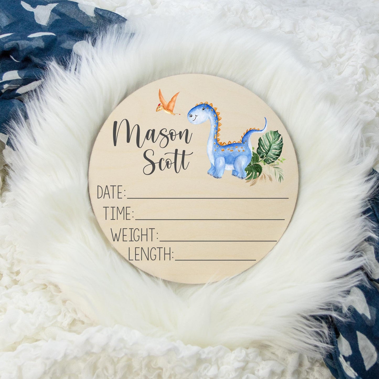 Blue Dinosaur Wooden Birth Stat Sign B6