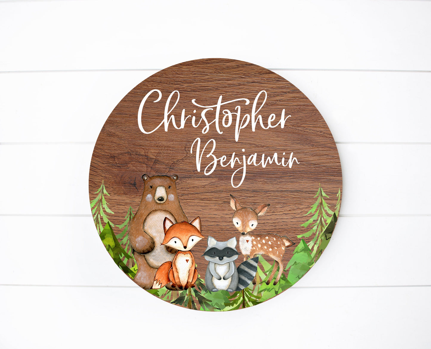 Round Wood Name Sign, Woodland Bear Fox Raccoon Deer, W1