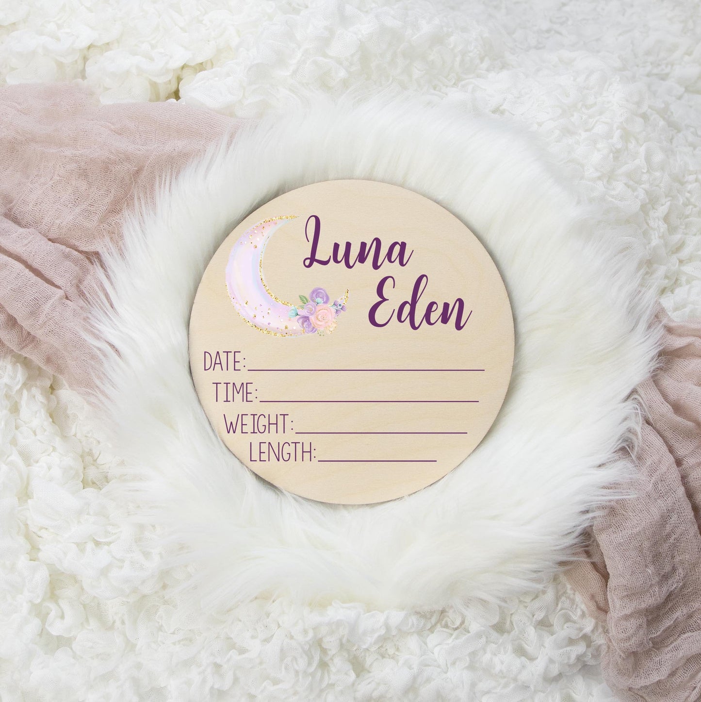 Luna, Moon and Stars Wooden Birth Stat Sign T8