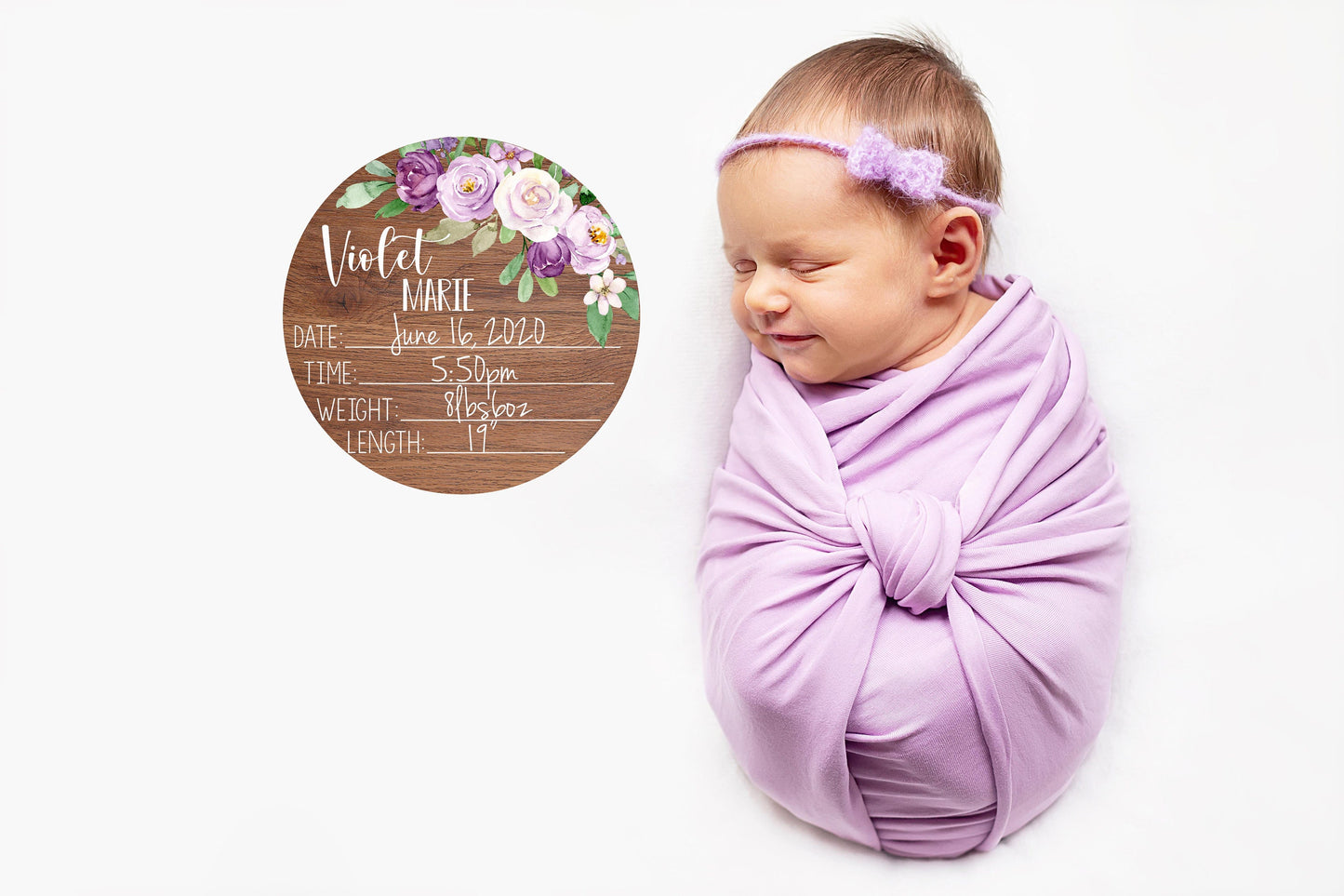 Purple Violet Decor Wooden Birth Stat Sign F21