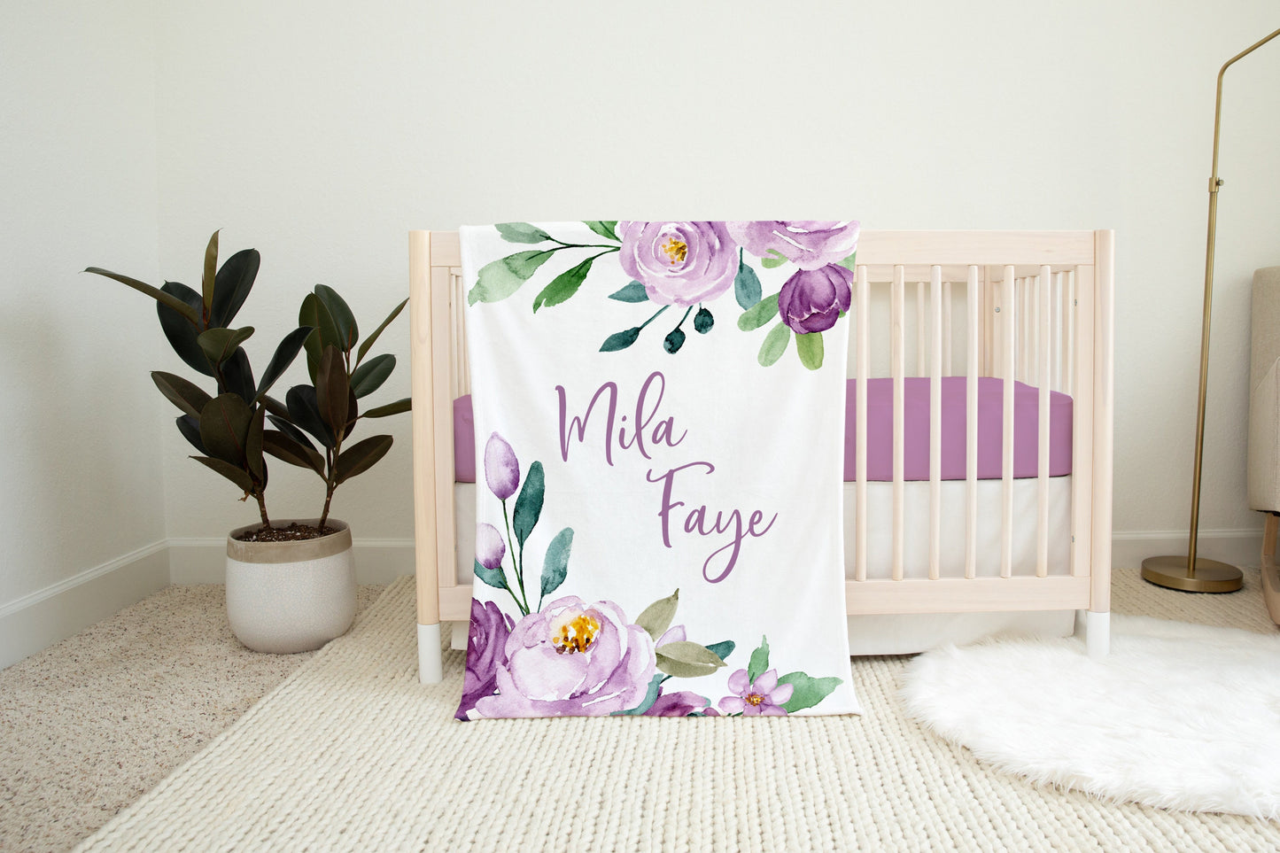 Violet and Plum Girl Blanket, Rose Floral Crib Bedding, F21