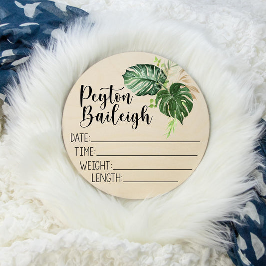 Palm Leaves Tropical Wooden Birth Stat Sign F55