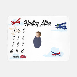 Airplane Baby Milestone Blanket, Planes and Clouds Boy Blanket, T50