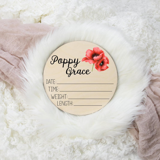 Poppy Flower Wooden Birth Stat Sign