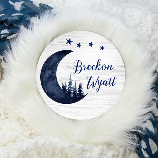 Moon and Stars Round Wood Name Sign, Forest, T15