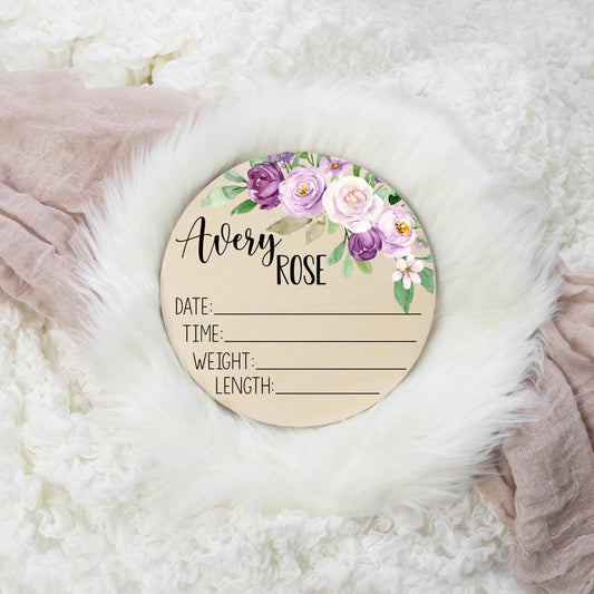 Violet Floral Wooden Birth Stat Sign F21