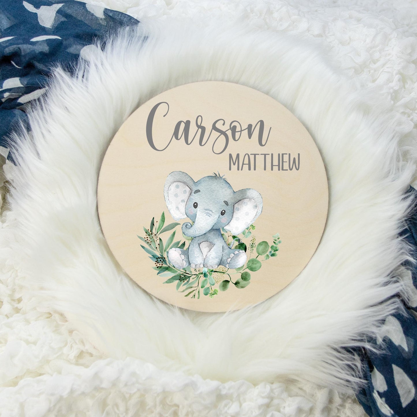 Elephant Greenery Round Wood Baby Name Sign, S6