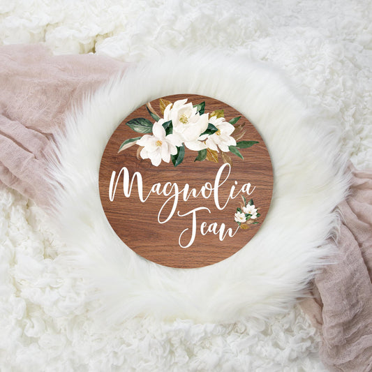 Magnolia Floral Round Wood Name Sign, White F5