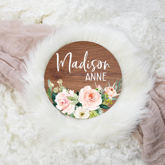 Blush and Cream Floral Wood Baby Name Sign, F32