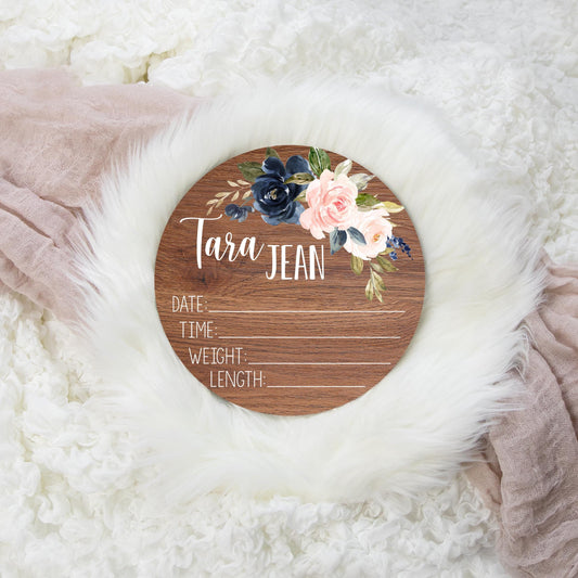 Floral Round Wood Birth Stat Sign, Navy Blush Floral F16