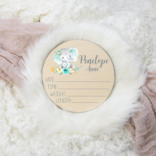 Mint Elephant Wooden Birth Stat Sign