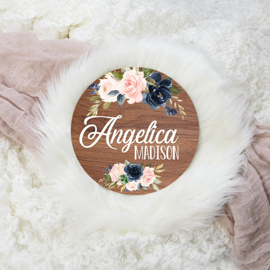 Navy Blush Floral Round Wood Name Sign, F16