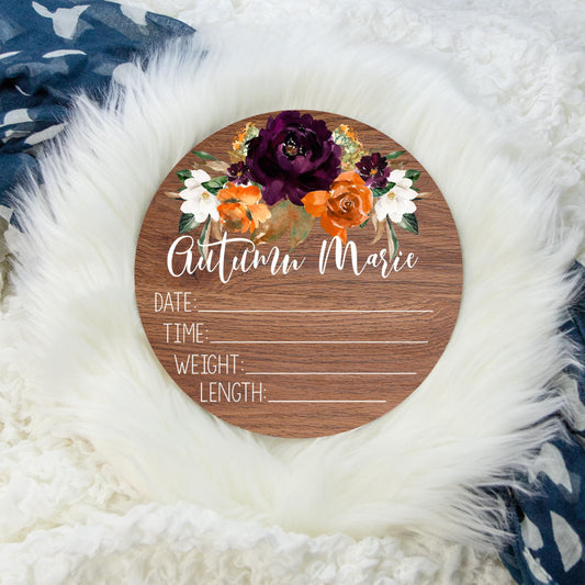 Autumn Magnolia Floral Wooden Birth Stat Sign, F7